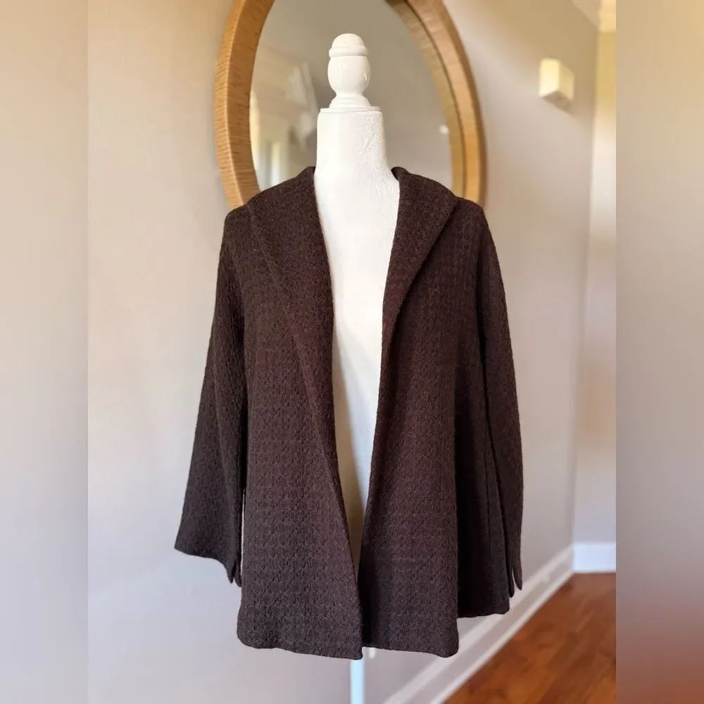 Eileen Fisher 100% Wool Open Front Chocolate Brown Cardigan Size Small